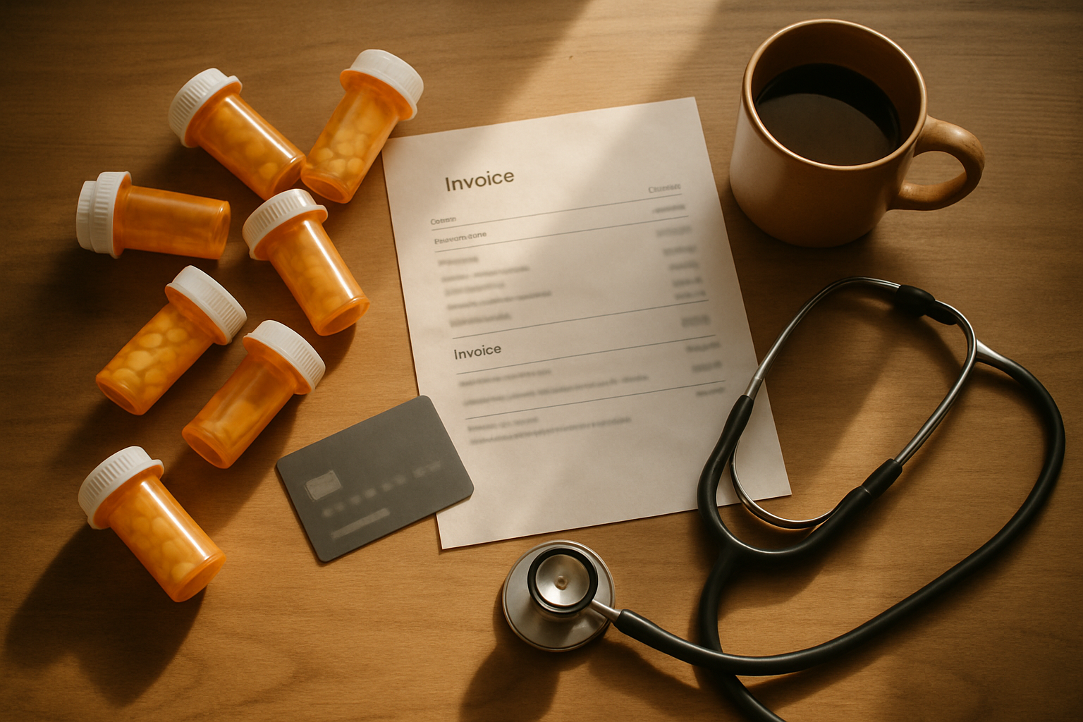 Prescription bottles and medical bills on a desk