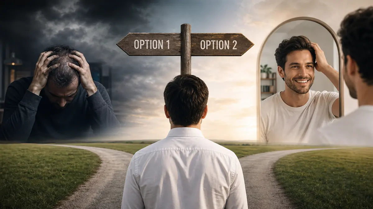 A man at a crossroads with two options ahead