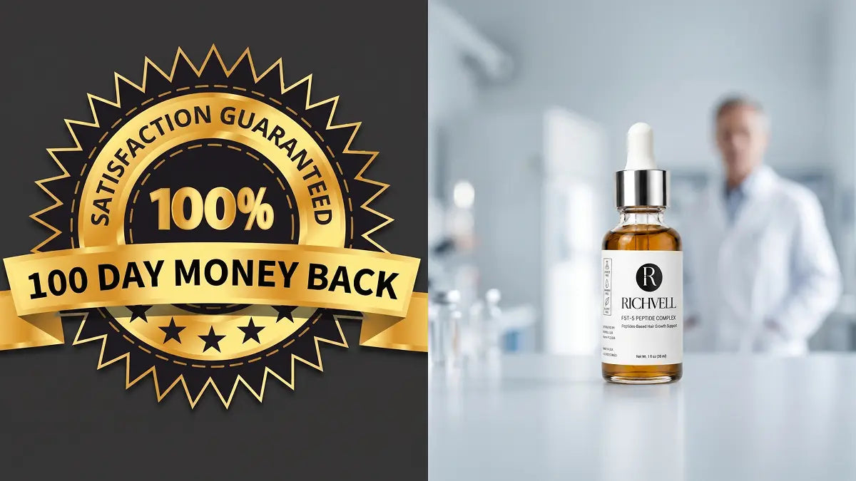 100-Day Money Back Guarantee badge next to the Richvell FST-5 bottle in a lab setting