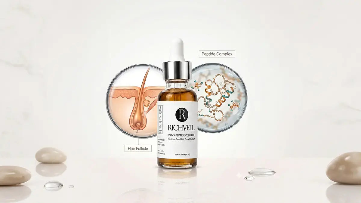 Richvell FST-5 Peptide Complex bottle with hair follicle and peptide complex diagrams